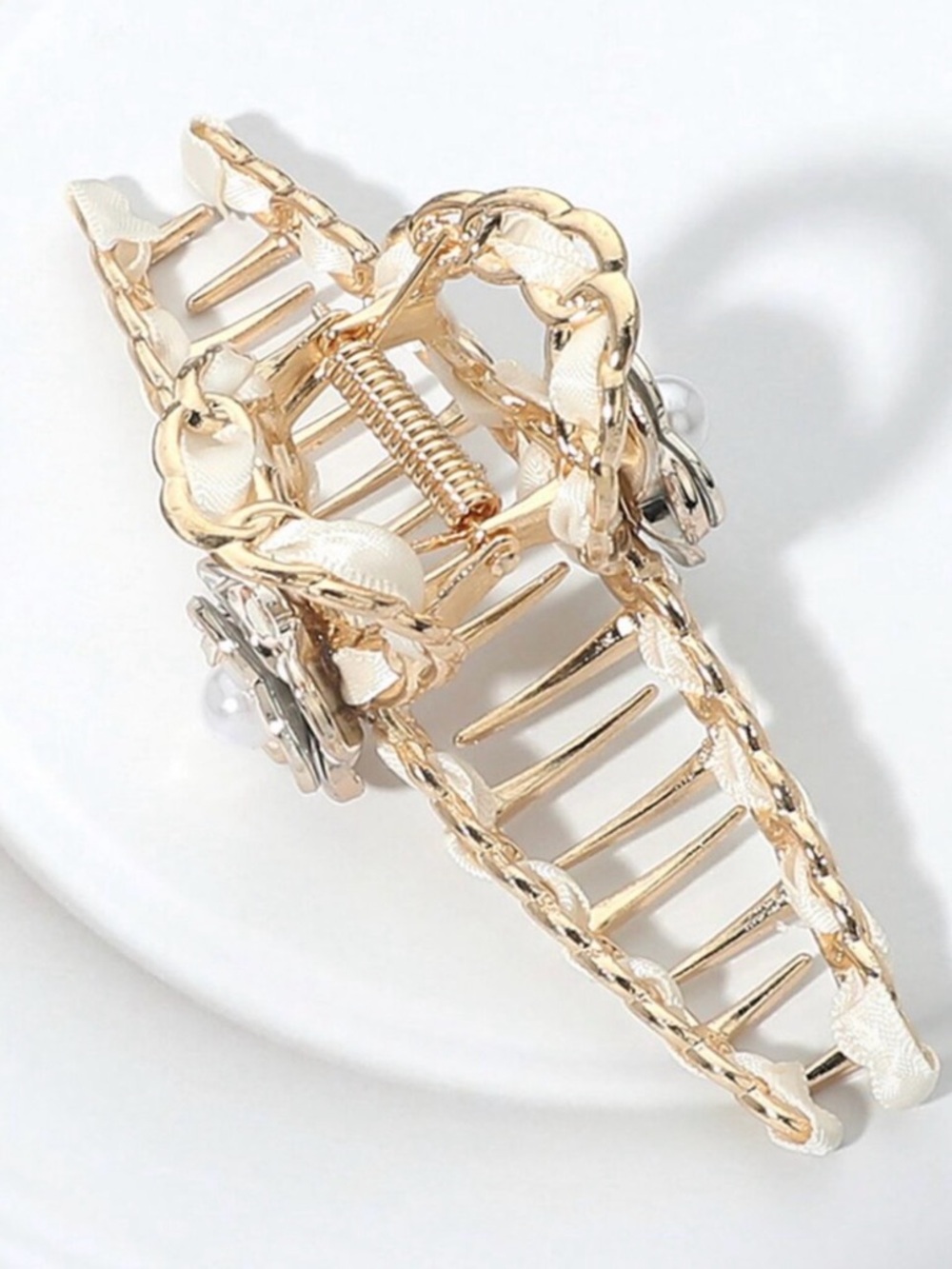 Floral Accent Chain Hair Claw Clip with Faux Pearl Center - Black OR White - Picture 7 of 7